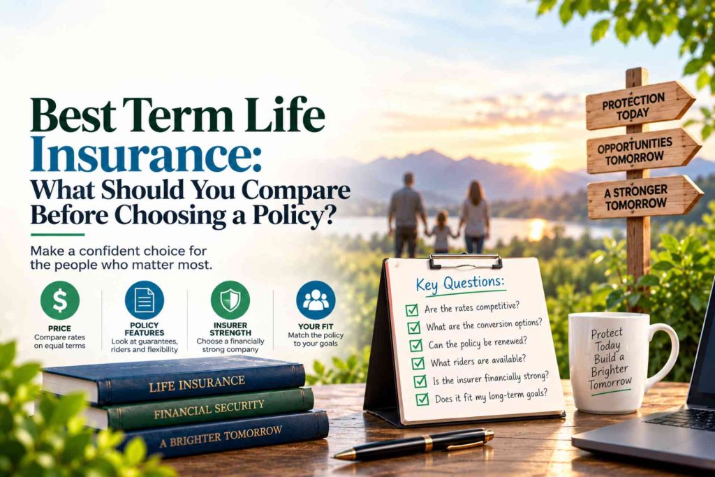 A calculator, eyeglasses, and financial paperwork arranged on a desk for policy comparison.